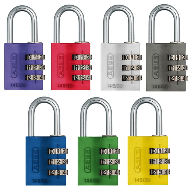 Kodehengelås 145/30 m/3 kodehjul ass. farger aluminium
